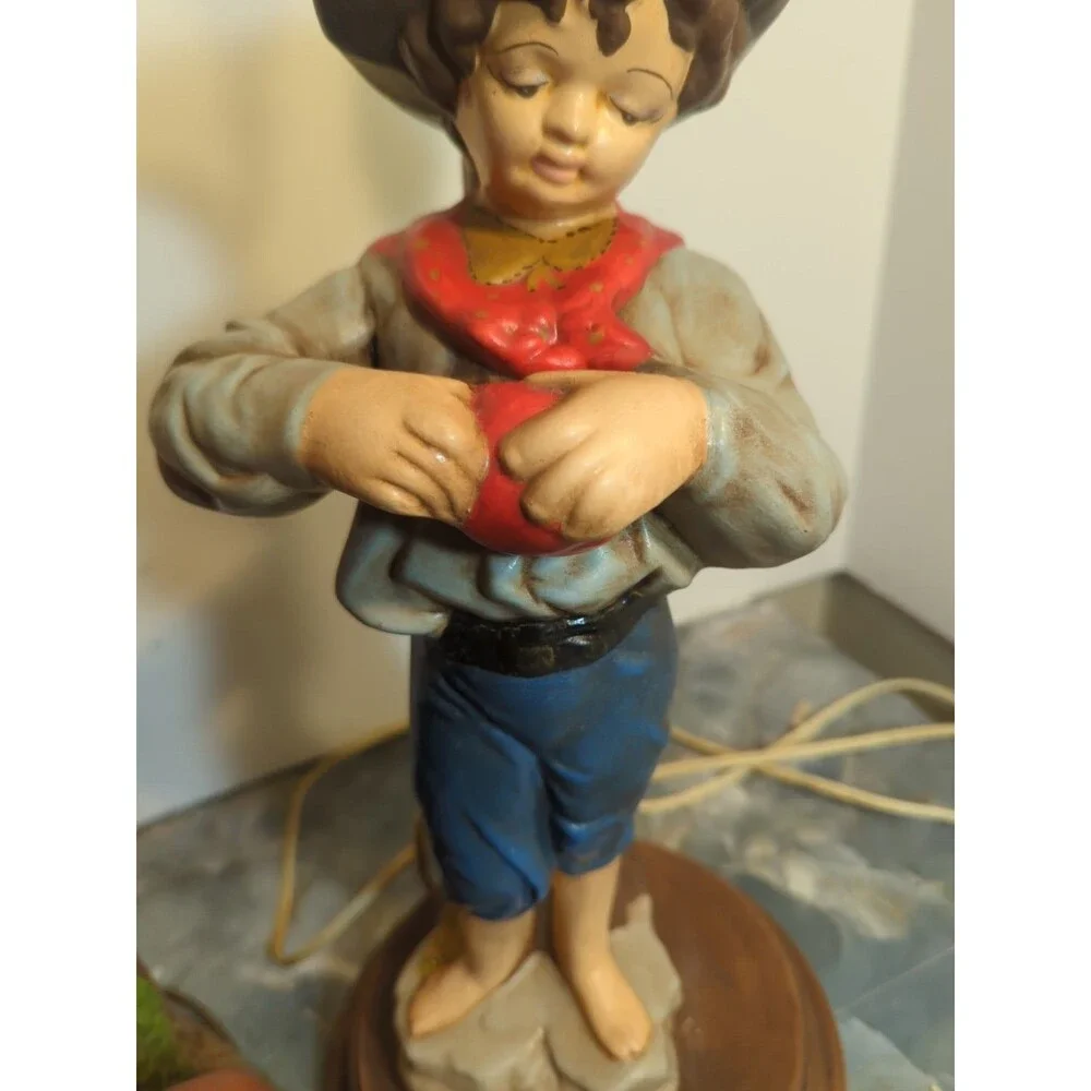 (2) Vintage Large 2' Tall Hand Painted Ceramic Table Lamp Boy With Puppies